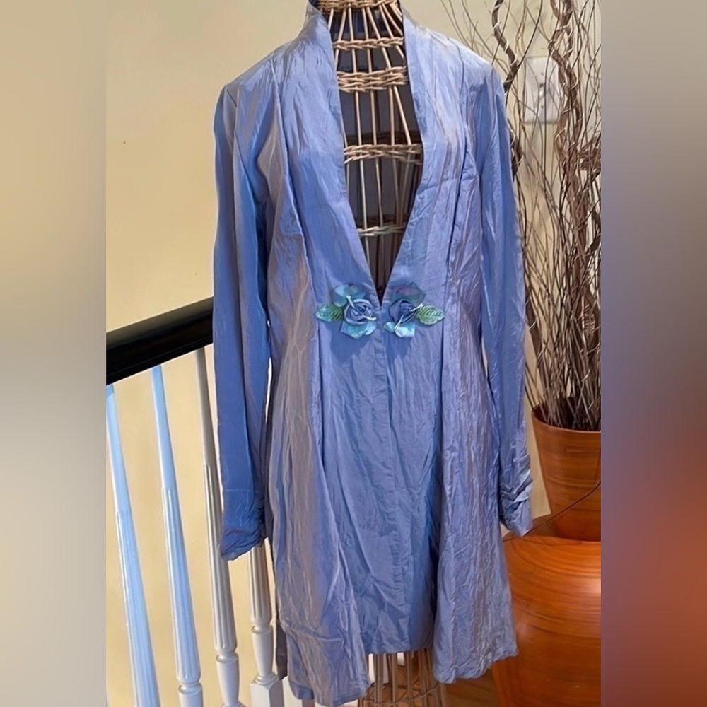 Light Blue Women's Long Open Front Coat with Floral Closure